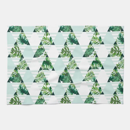 ミントモダングリーン熱帯幾何学模様 キッチンタオル (横)