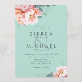ミントモダングリーン赤面ピンクピーチフローラズ結婚 招待状