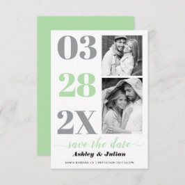 ミントモダングリーン、グレーのタイポグラフィと2枚の写真 セーブザデート