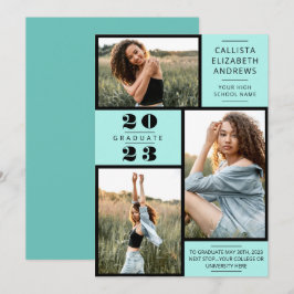 ミントモダンミニマルブラックフォトグリッド卒業 案内状