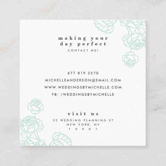 ミントモダンリーグリーン黒バラフラワーメイクアップフローラ スクエア名刺 (裏面)