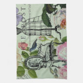 ミントモダンヴィンテージフランスのバラバタフライ キッチンタオル (縦)