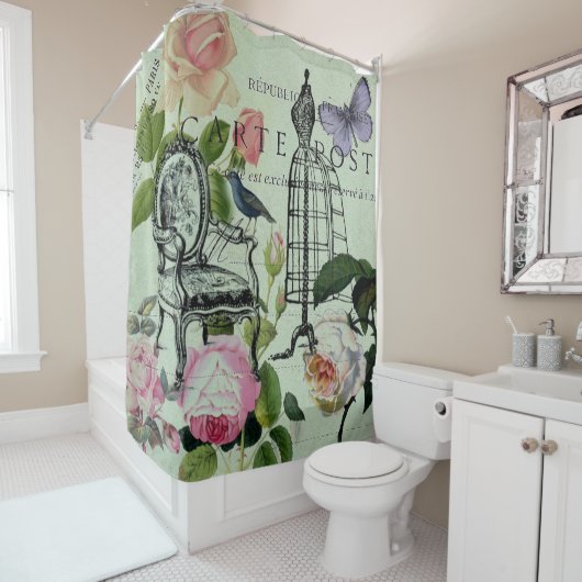 ミントモダンヴィンテージフランスのバラバタフライ シャワーカーテン (インサイチュ)