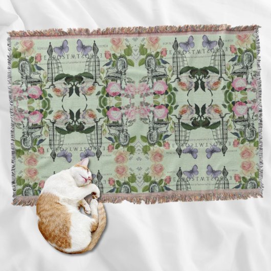 ミントモダンヴィンテージフランスのバラバタフライ スローブランケット