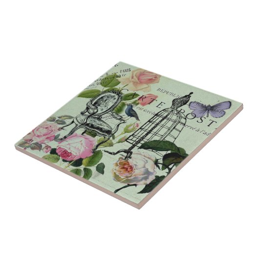 ミントモダンヴィンテージフランスのバラバタフライ タイル (側面)