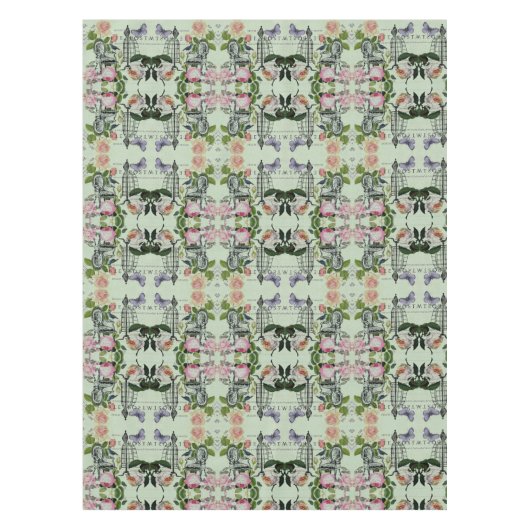 ミントモダンヴィンテージフランスのバラバタフライ テーブルクロス (正面)