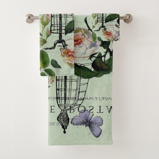 ミントモダンヴィンテージフランスのバラバタフライ バスタオルセット (インサイチュ)