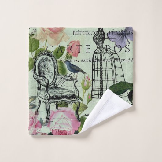 ミントモダンヴィンテージフランスのバラバタフライ バスタオルセット (ウォッシュタオル)