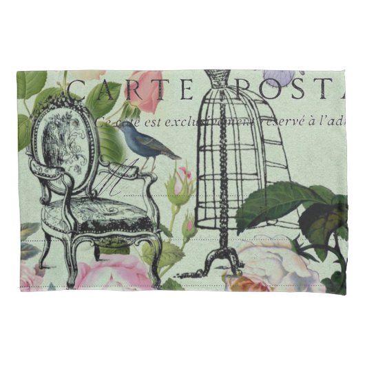 ミントモダンヴィンテージフランスのバラバタフライ 枕カバー (正面左)