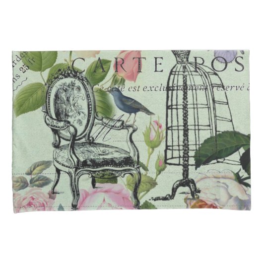 ミントモダンヴィンテージフランスのバラバタフライ 枕カバー (正面右)