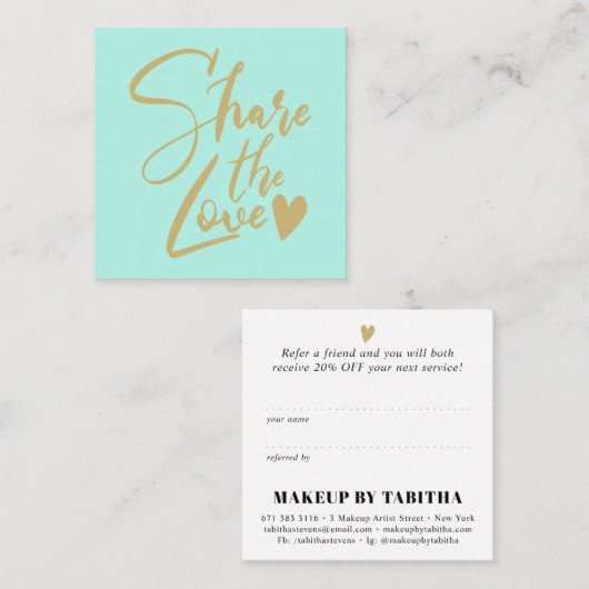 ミントモダン金ゴールド共有ラブスクリプトタイポグラフィ 紹介カード (正面/裏面)