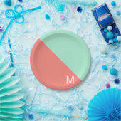 ミントモノグラムのとコーラルカラーブロック ペーパープレート (パーティー)