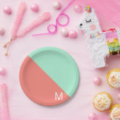 ミントモノグラムのとコーラルカラーブロック ペーパープレート (パーティー)