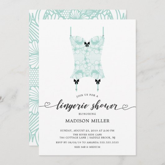 ミントレースコルセットブライダルランジェリーシャワー 招待状 (正面/裏面)