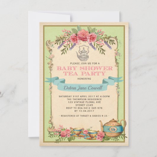 ミントヴィンテージベビーティーパーティーフローラティーポット招待状 招待状 (正面)