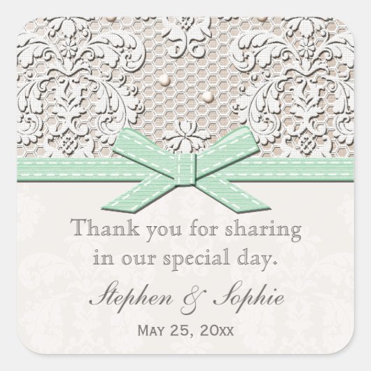ミントヴィンテージレース結婚式の引き出物ラベルシール スクエアシール (正面)