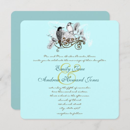 ミントヴィンテージロベバード結婚式招待状 招待状 (正面/裏面)