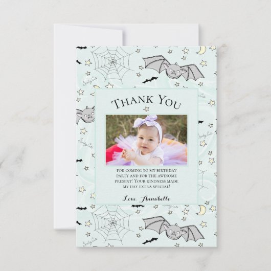 ミント不気味キュートベビーこうもりハロウィーンサンキューカード サンキューカード (正面)