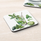ミント付きモジトの水彩ガラス コースター (左側)