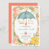 ミント傘4月シャワー赤ちゃんシャワーフローラ 招待状 (正面/裏面)