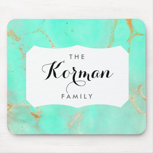 ミント及び金ゴールドの大理石の抽象芸術の水のティール(緑がかった色)によって絵を描かれる一見 マウスパッド (正面)