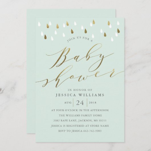 ミント及び金ゴールドの書道のベビーシャワーの招待 招待状 (正面/裏面)
