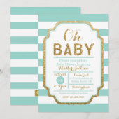 ミント及び金ゴールドベビーシャワー招待状、ベビーガール 招待状 (正面/裏面)