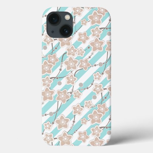 ミント地に白ストライプのベージュフラワーパターン Case-Mate iPhoneケース (裏面)