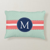 ミント水玉模様パターンコーラルネイビーブルーモノグラム アクセントクッション (裏面)