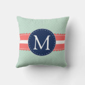 ミント水玉模様パターンコーラルネイビーブルーモノグラム クッション (裏面)