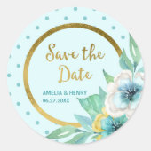 ミント水玉模様フェイク金ゴールドフローラ保存日付 ラウンドシール (正面)