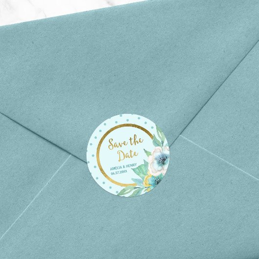 ミント水玉模様フェイク金ゴールドフローラ保存日付 ラウンドシール