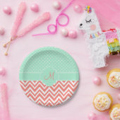 ミント水玉模様模様のモノグラムコーラルシェブロン ペーパープレート (パーティー)