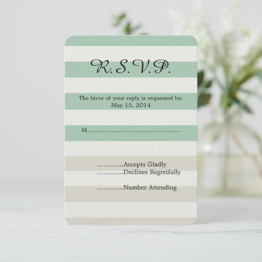 ミント淡い色のとホワイトストライプウェディングRSVP 出欠カード (スタンド正面)