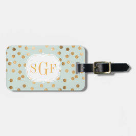 ミント淡い色のブルーと金ゴールドグリッターシティドットモノグラム ラゲッジタグ