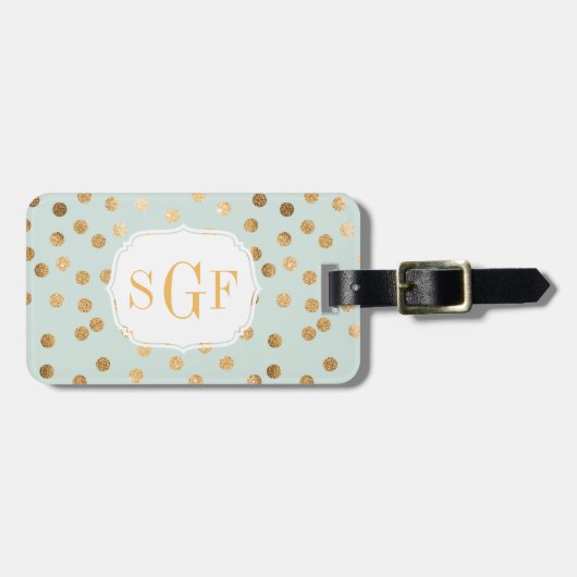 ミント淡い色のブルーと金ゴールドグリッターシティドットモノグラム ラゲッジタグ (正面横)
