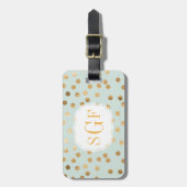 ミント淡い色のブルーと金ゴールドグリッターシティドットモノグラム ラゲッジタグ (正面縦)