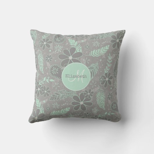 ミント灰色のボホの花の羽ペイズリー模様 クッション (裏面)