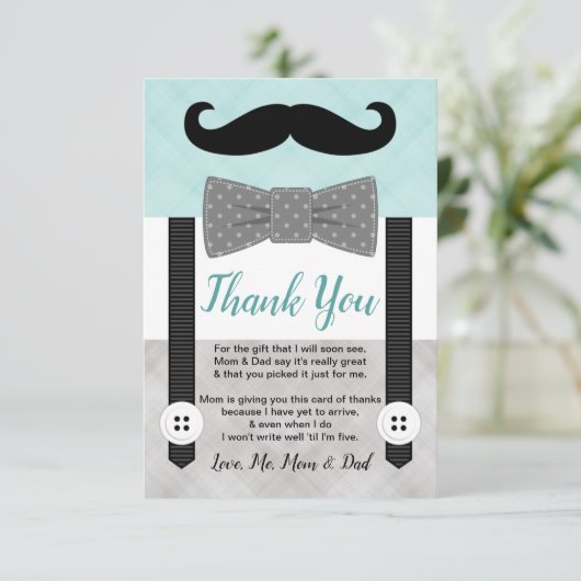 ミント灰色の小さな男の口ひげ男の子の赤ちゃんシャワー サンキューカード (スタンド正面)