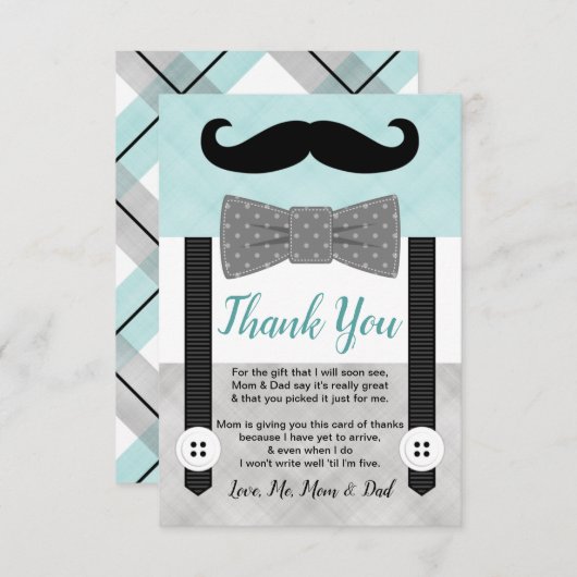 ミント灰色の小さな男の口ひげ男の子の赤ちゃんシャワー サンキューカード (正面/裏面)