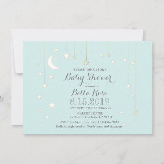 ミント灰色の星月のベビーシャワー招待状 招待状 (正面)