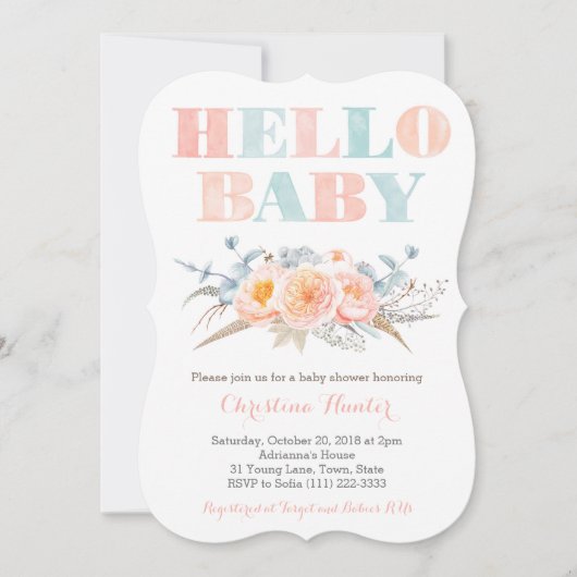 ミント男女兼用ピーチ赤ちゃんシャワー 招待状 (正面)