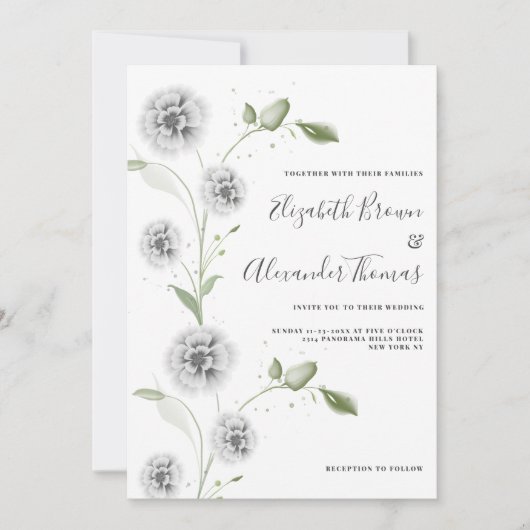 ミント白ポピー葉フローラ結婚ズ 招待状 (正面)
