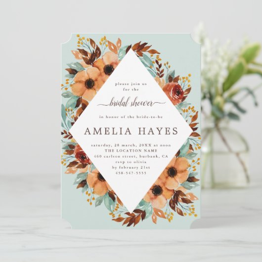 ミント素朴グリーンとブラウンフローラブライダルシャワー 招待状 (スタンド正面)