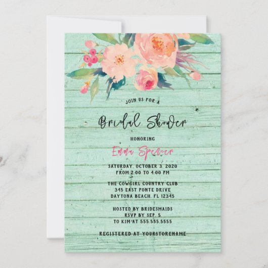 ミント素朴グリーンウッドウォーターカラーフローラ 招待状 (正面)