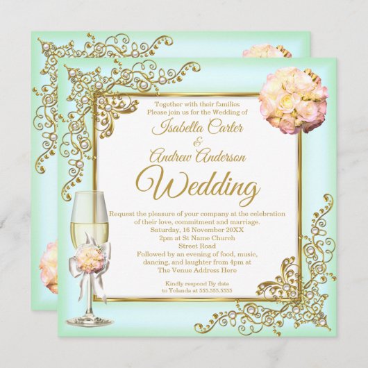 ミント結婚ルコーラルシャンパーニュ金ゴールドパール写真 招待状 (正面/裏面)