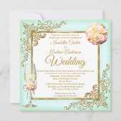 ミント結婚ルコーラルシャンパーニュ金ゴールドパール写真 招待状 (正面)