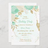 ミント緑の白い花金ゴールドフローラ誕生日 招待状 (正面/裏面)