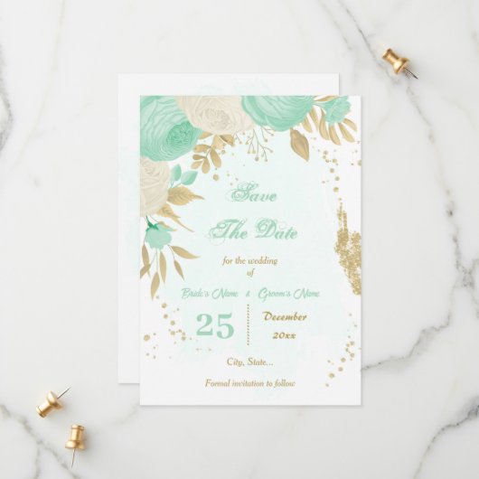 ミント緑の白い花金ゴールドフローラ セーブザデート (正面/裏面インサイチュ)