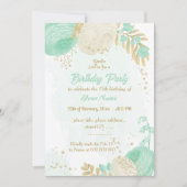 ミント緑の白い花金ゴールド誕生日 招待状 (正面)